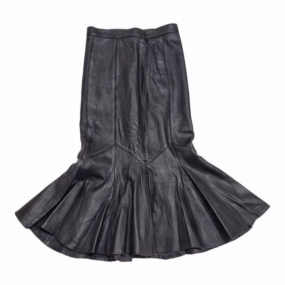 VINTAGE Leather Black Trumpet Skirt Size 6/8 Fishtail Pencil Gothic Retro Rocker - Picture 2 of 8